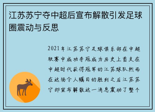 江苏苏宁夺中超后宣布解散引发足球圈震动与反思